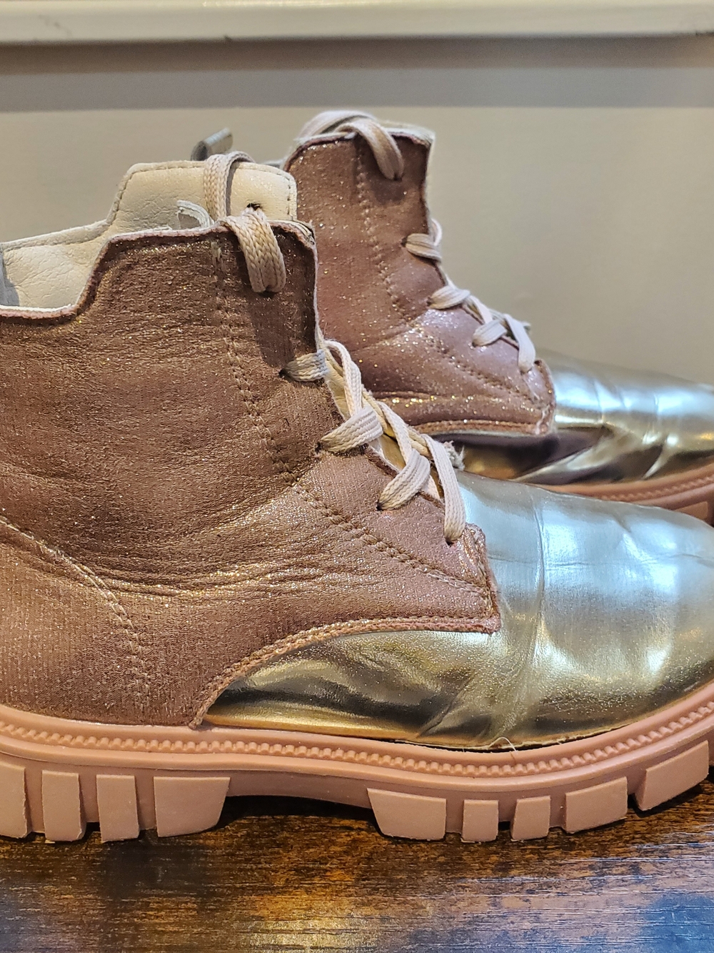Girls Metallic Gold & Blush Glitter Pink Lace-Up Boots